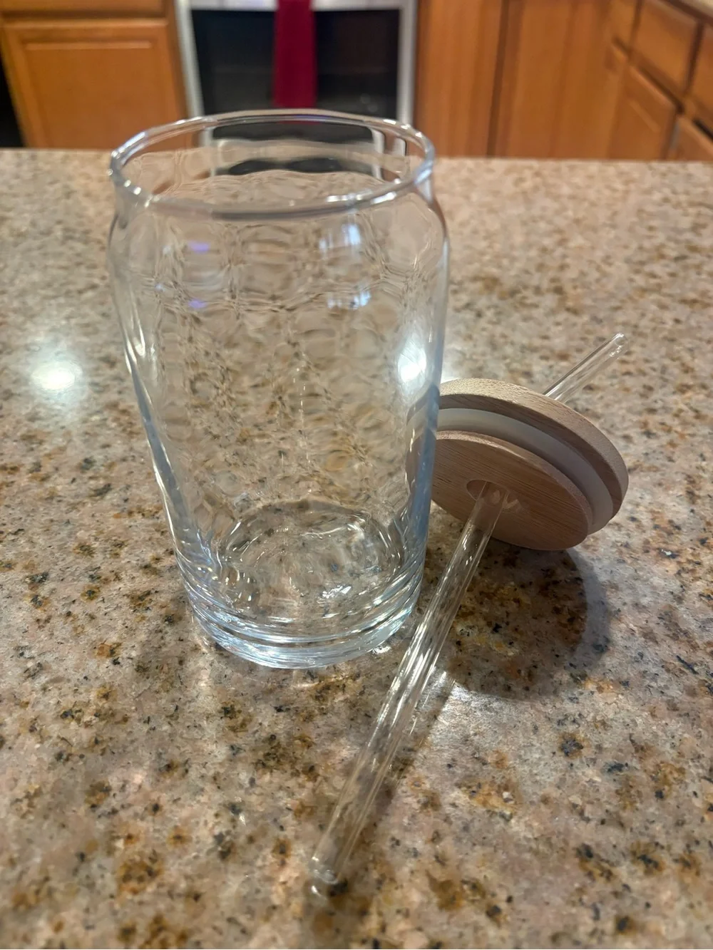 Glass Drink Cup with Light Wood Lid and Glass Straw - Clear